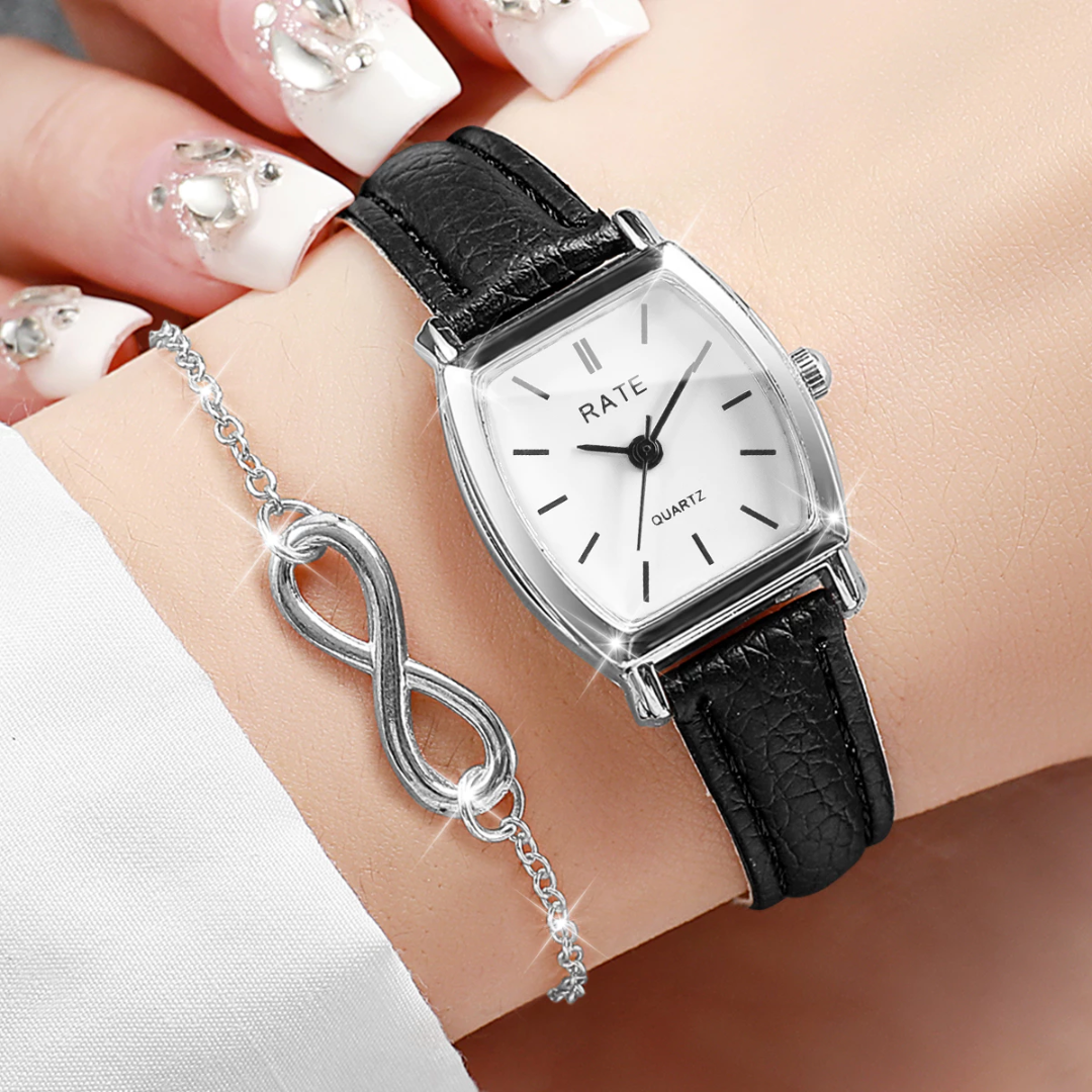 Women’s Tonneau Dial Watch Stylish Leather Strap Quartz Timepiece