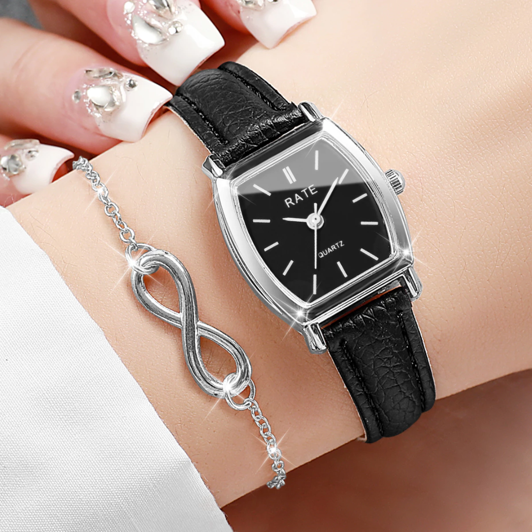 Women’s Tonneau Dial Watch Stylish Leather Strap Quartz Timepiece