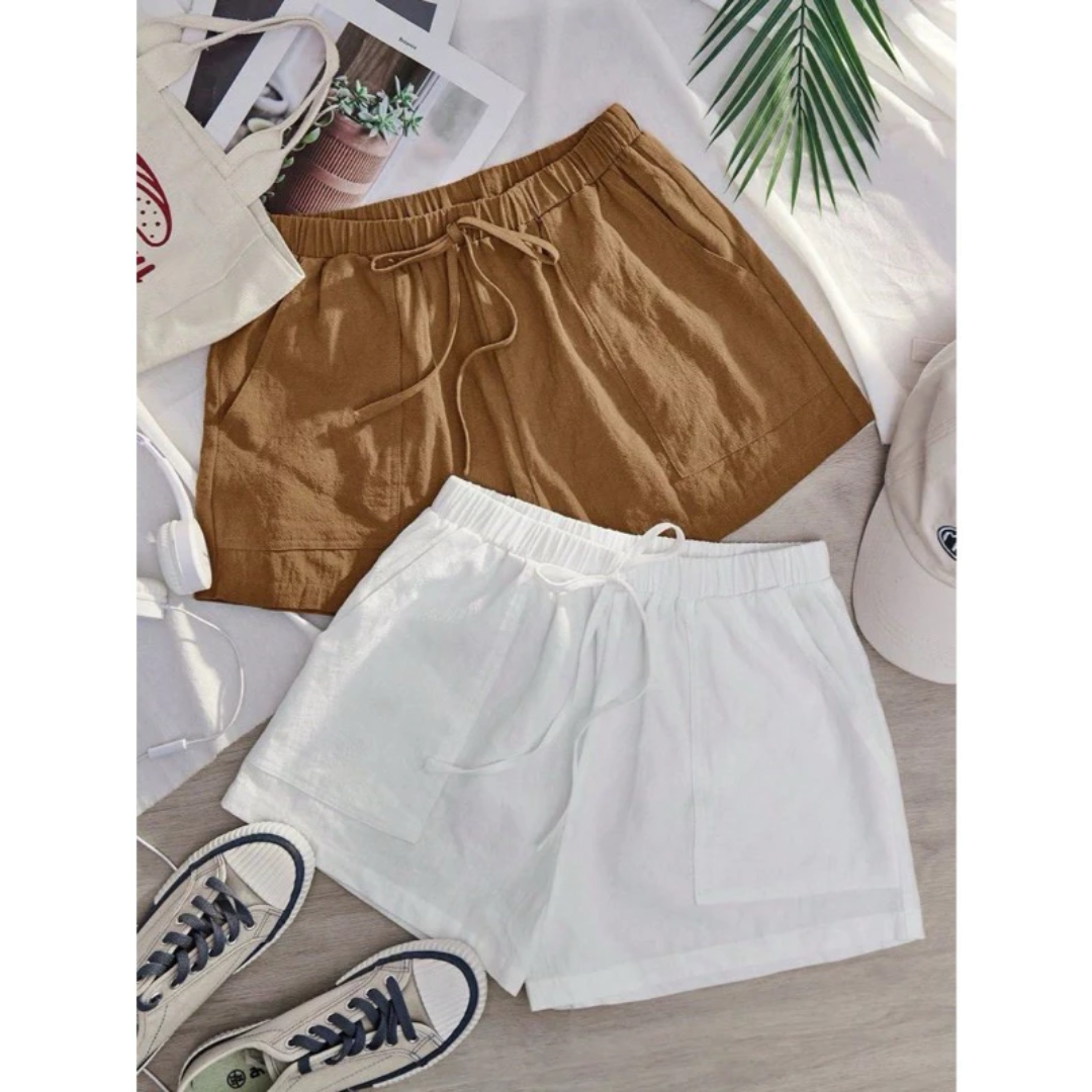 Melody Cotton Linen Casual Shorts for Women with Front Waist Pockets