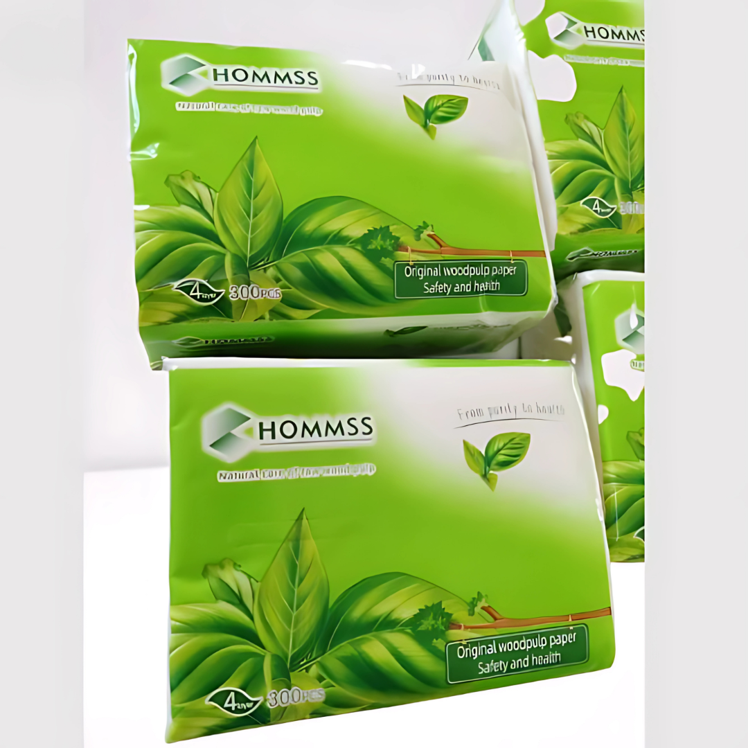 Hommss Facial Tissue 8-Pack – 300 Sheets, 100% Pure Wood Pulp
