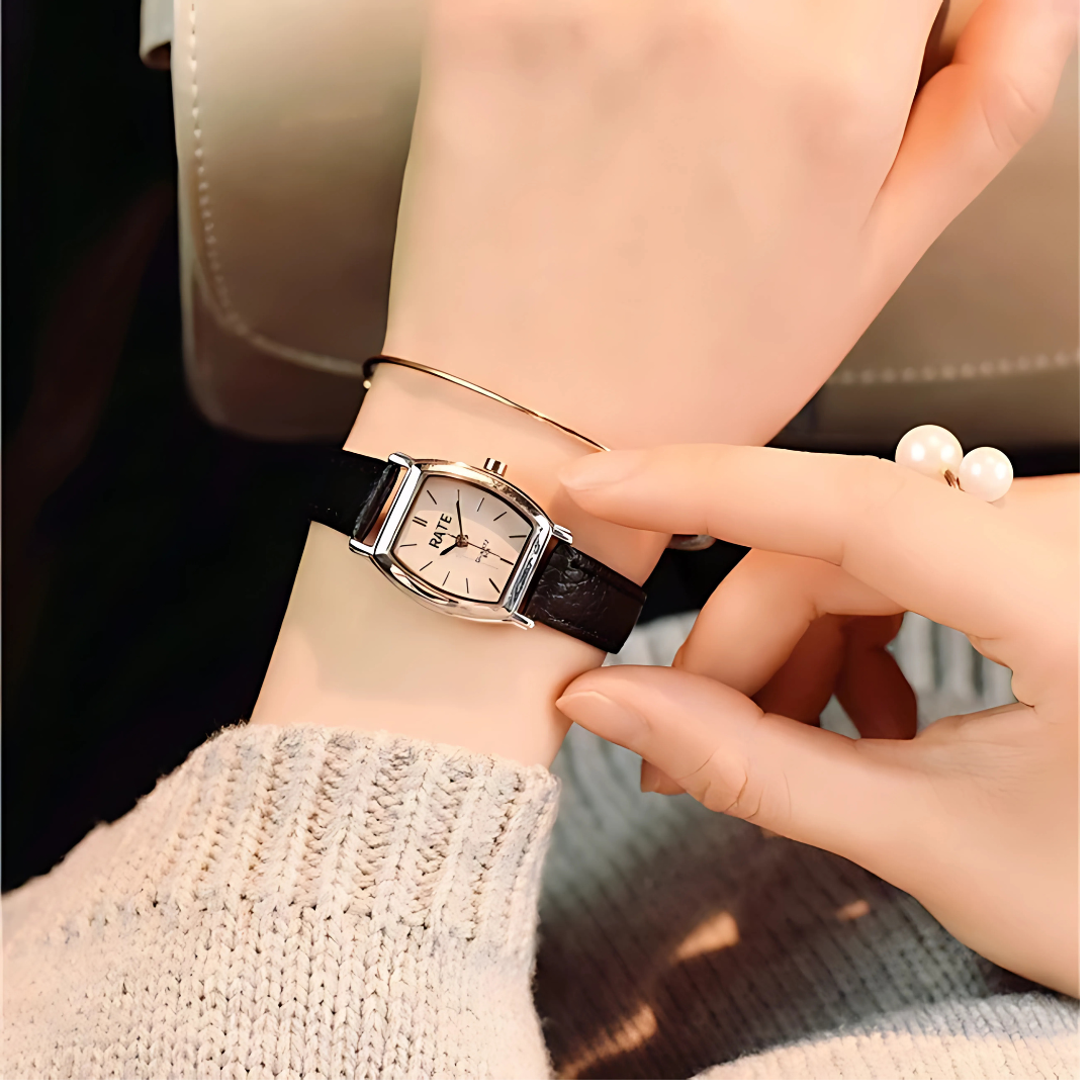 Women’s Tonneau Dial Watch Stylish Leather Strap Quartz Timepiece