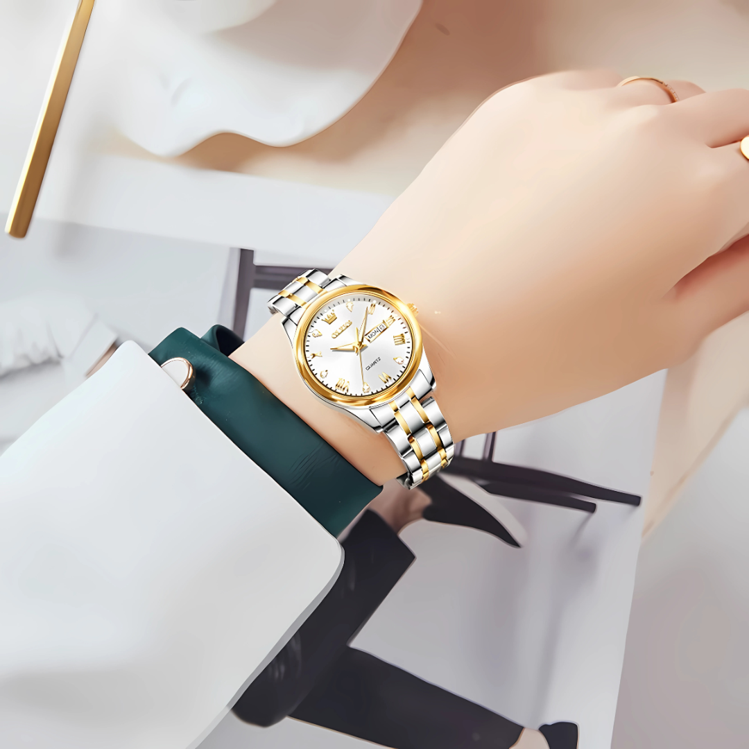 Elegant Women’s Gold & Silver Stainless Steel Waterproof Quartz