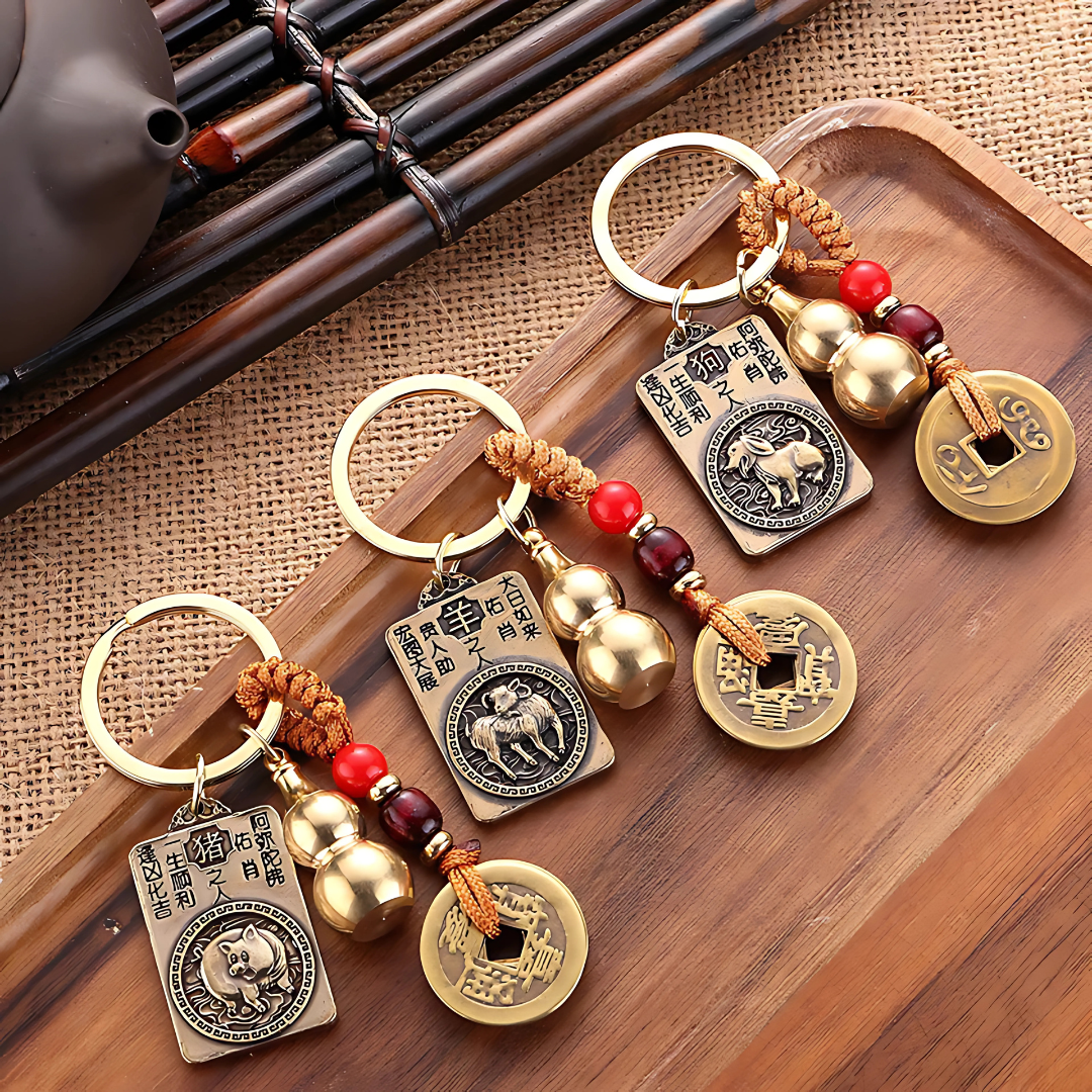 2026 Feng Shui Lucky Charm Keychain – 12 Zodiac Five Emperor Coins & Protection Buddha