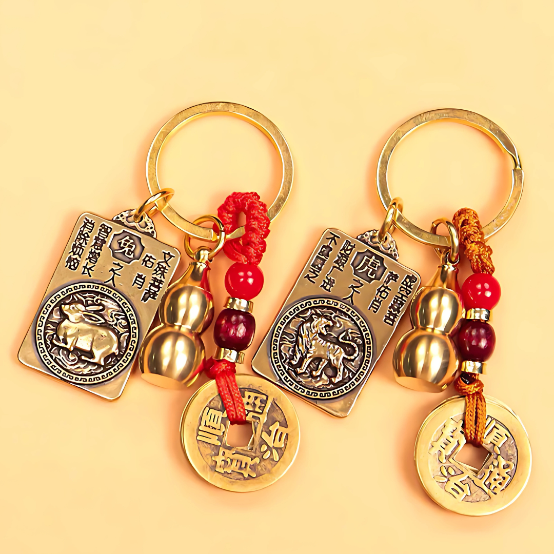 2026 Feng Shui Lucky Charm Keychain – 12 Zodiac Five Emperor Coins & Protection Buddha