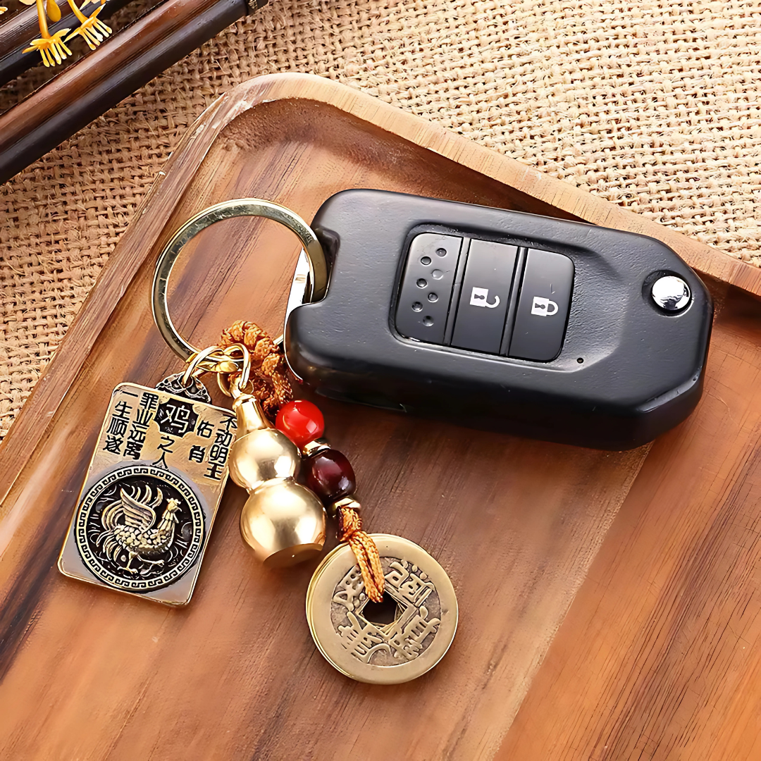 2026 Feng Shui Lucky Charm Keychain – 12 Zodiac Five Emperor Coins & Protection Buddha