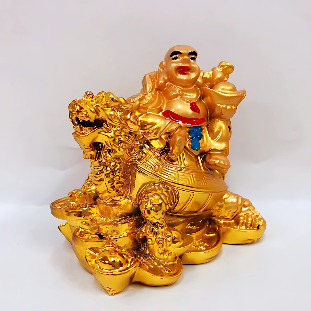 Feng Shui Laughing Buddha with Dragon Turtle & Coins – Wealth, Luck & Protection Figurine