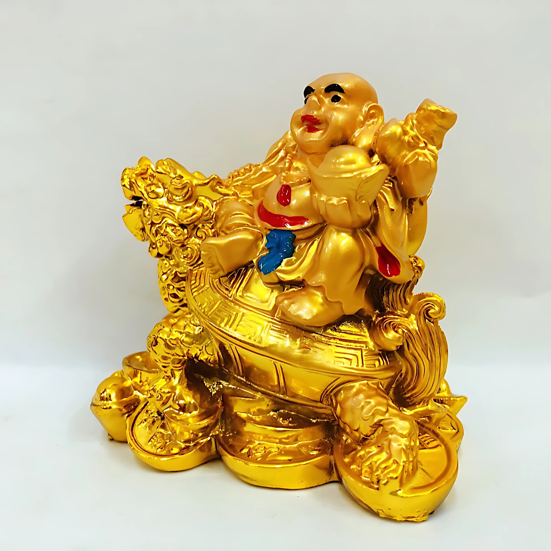 Feng Shui Laughing Buddha with Dragon Turtle & Coins – Wealth, Luck & Protection Figurine