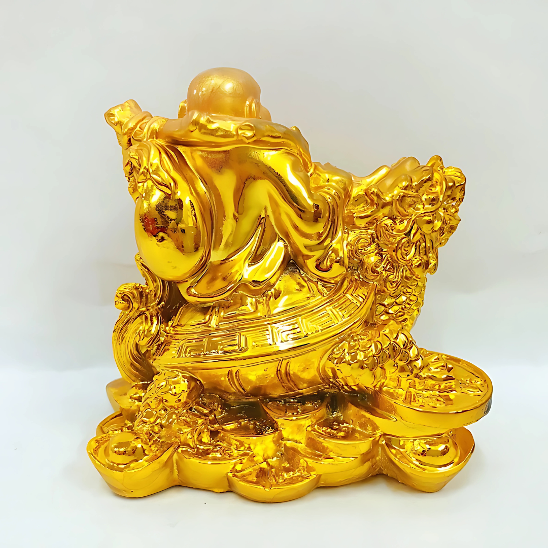 Feng Shui Laughing Buddha with Dragon Turtle & Coins – Wealth, Luck & Protection Figurine