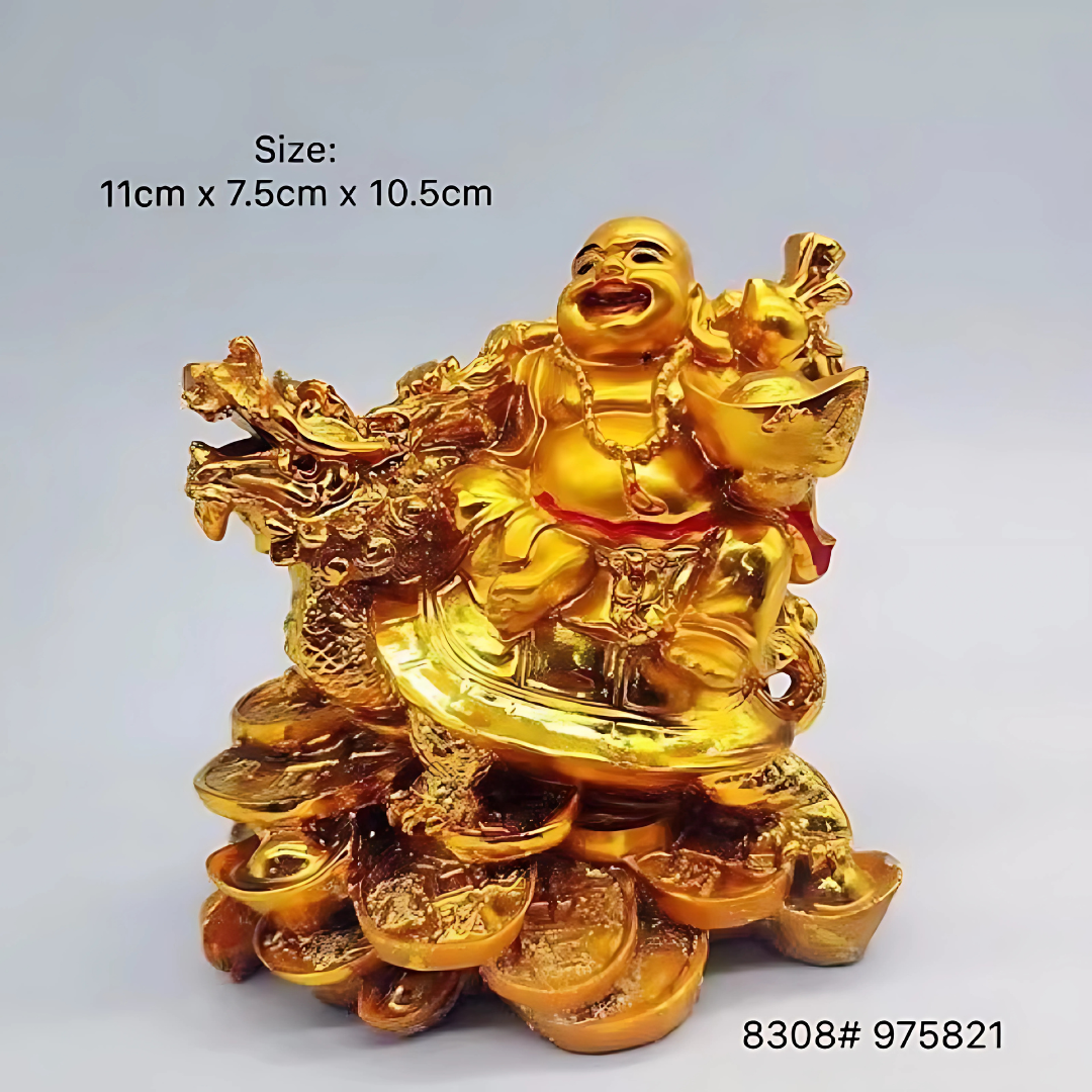 Feng Shui Laughing Buddha with Dragon Turtle & Coins – Wealth, Luck & Protection Figurine