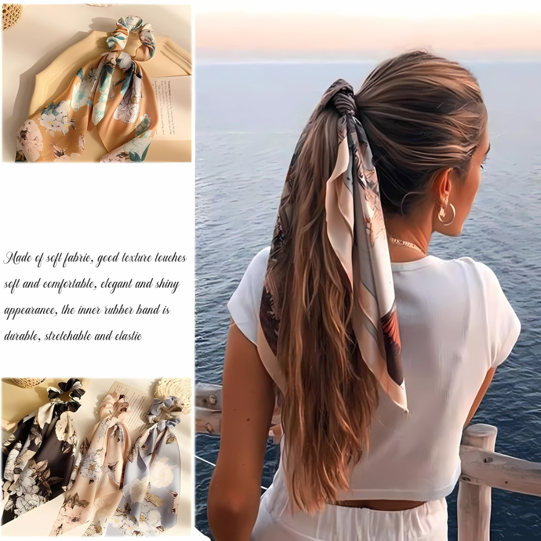 Ribbon Scrunchies for Hair Chiffon Floral Scarf Boho Ponytail Holder