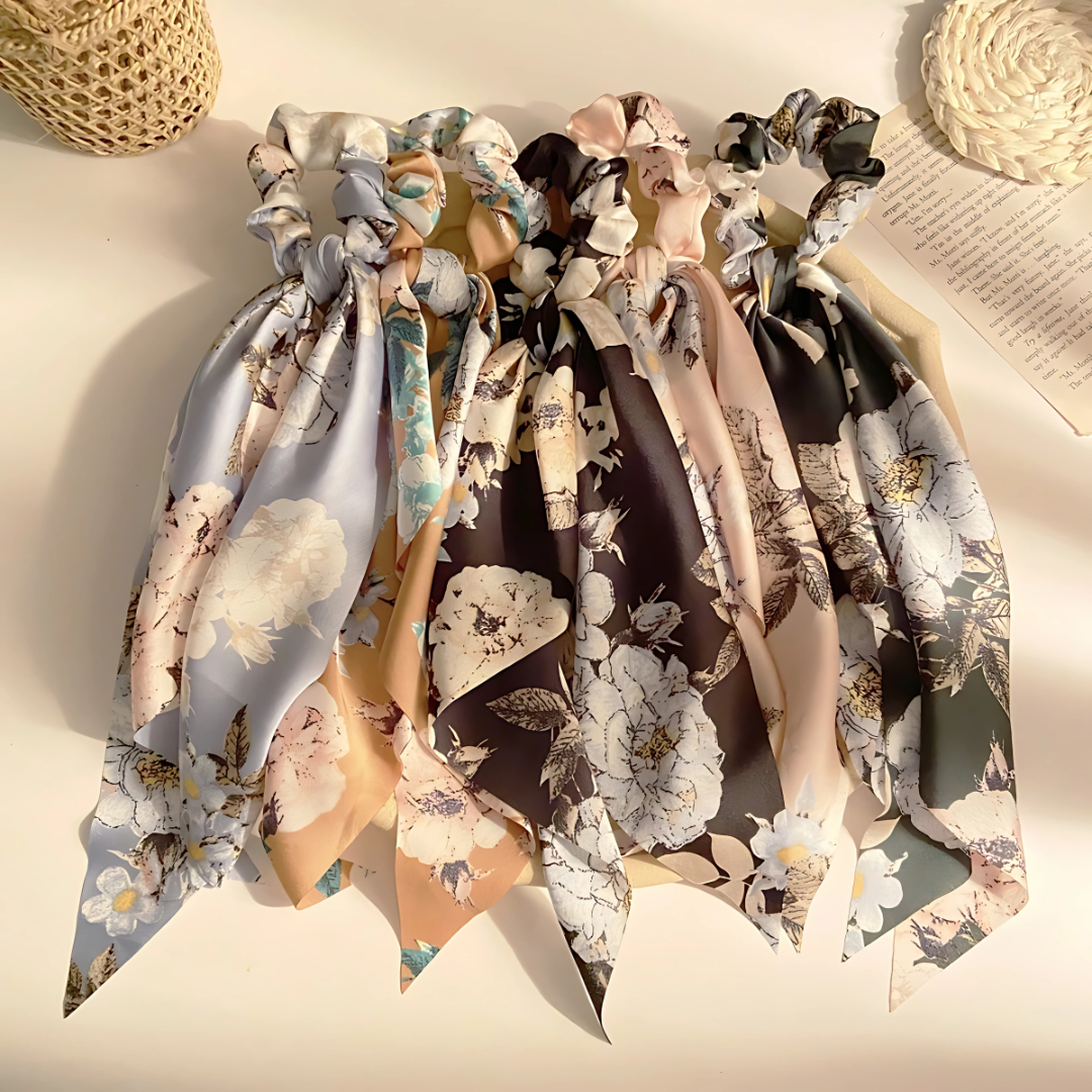 Ribbon Scrunchies for Hair Chiffon Floral Scarf Boho Ponytail Holder