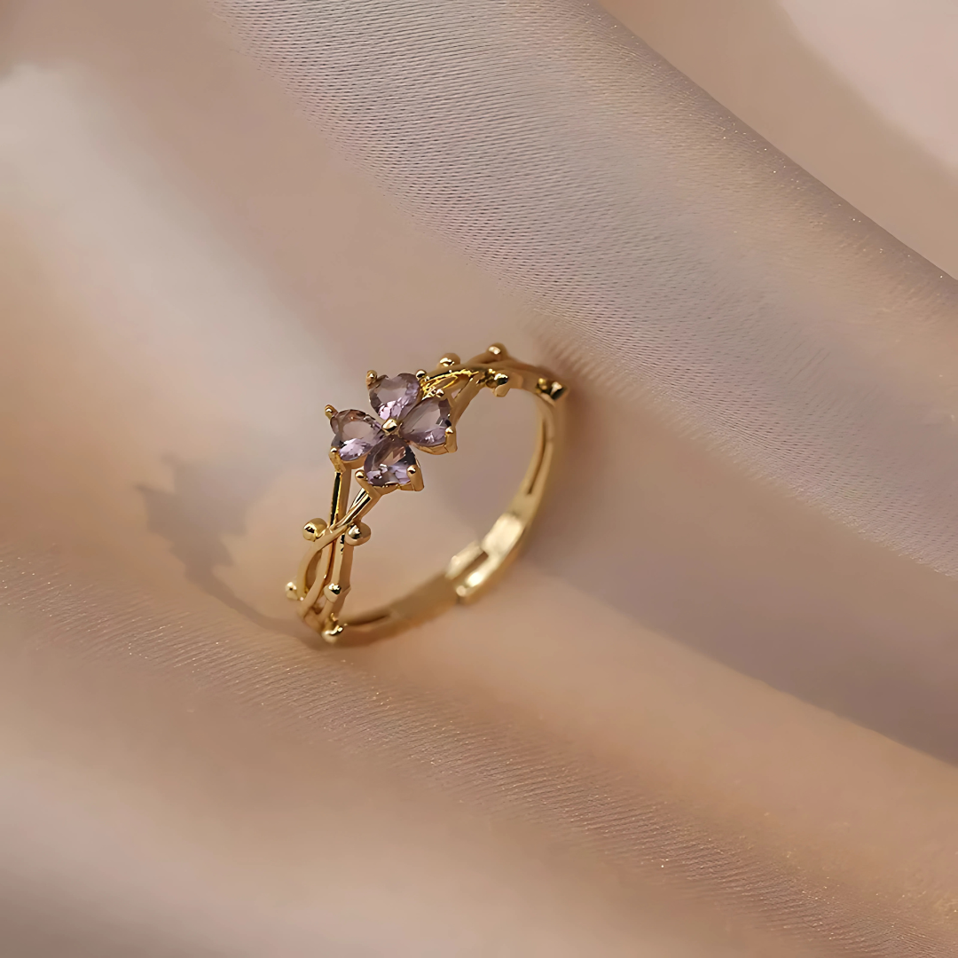 Purple Four-Leaf Clover Zircon Open Ring for Women