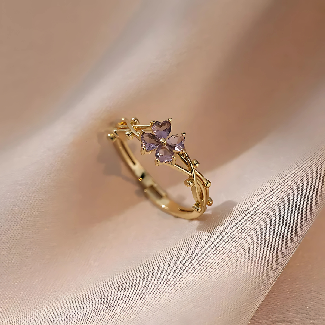 Purple Four-Leaf Clover Zircon Open Ring for Women