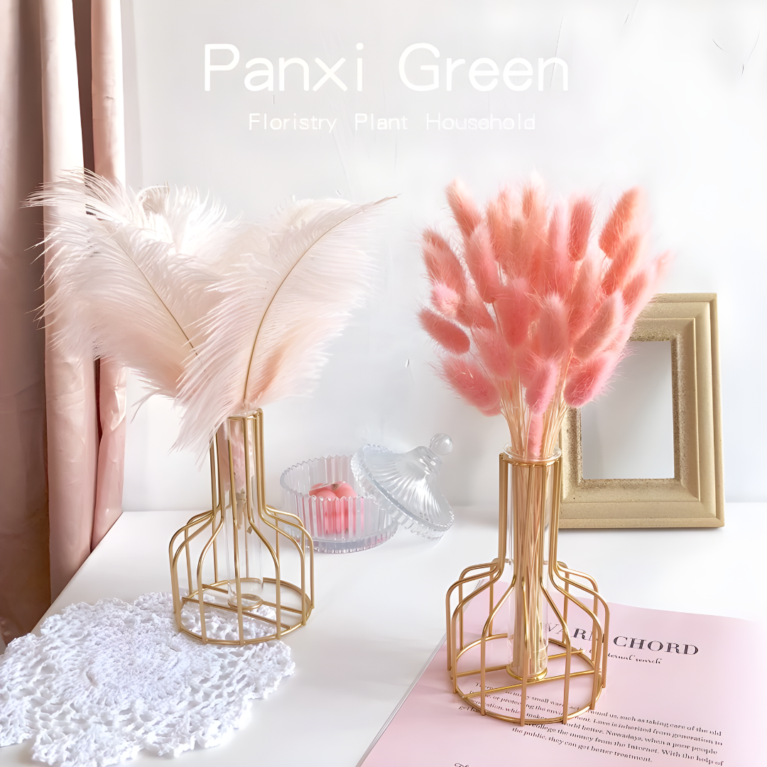 Nordic Golden Iron Vase with Glass Minimalist Hydroponic Flower Vase for Home & Office Decor