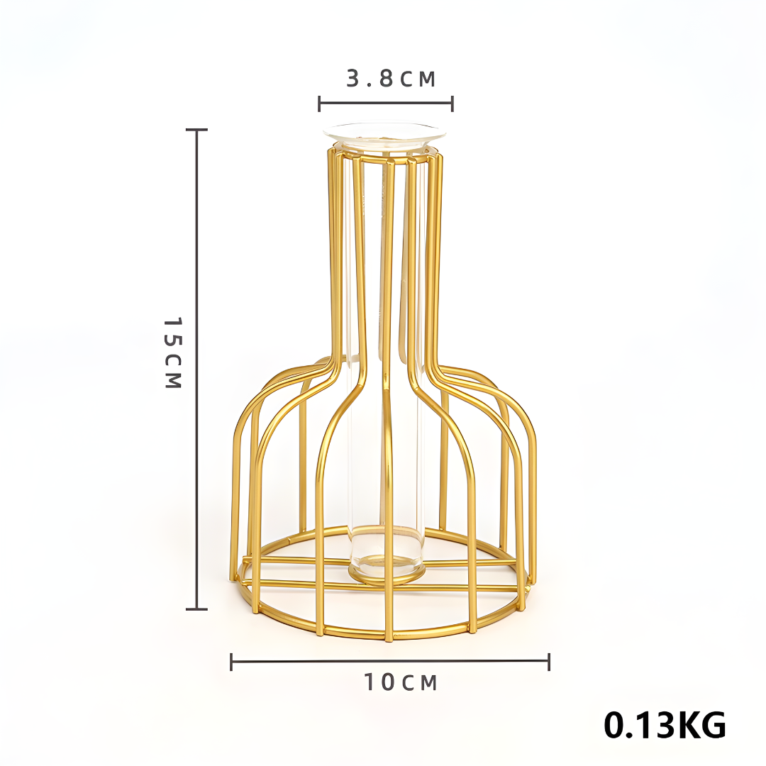 Nordic Golden Iron Vase with Glass Minimalist Hydroponic Flower Vase for Home & Office Decor