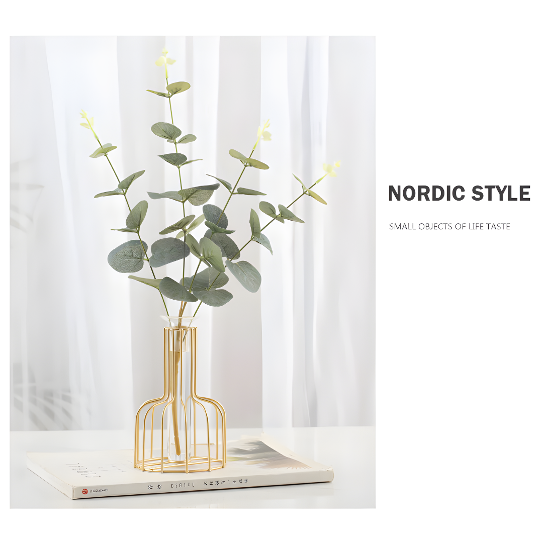 Nordic Golden Iron Vase with Glass Minimalist Hydroponic Flower Vase for Home & Office Decor