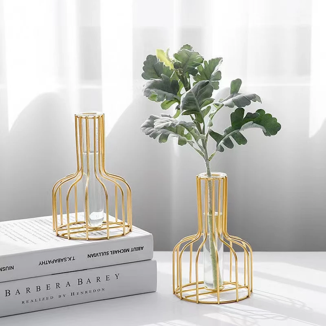Nordic Golden Iron Vase with Glass Minimalist Hydroponic Flower Vase for Home & Office Decor