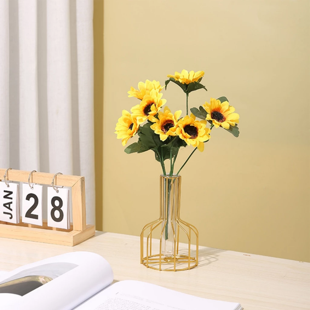 Nordic Golden Iron Vase with Glass Minimalist Hydroponic Flower Vase for Home & Office Decor