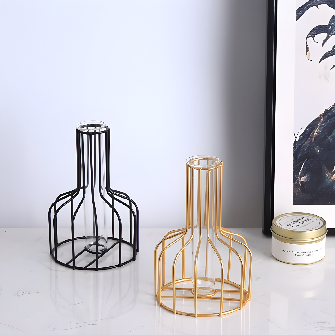 Nordic Golden Iron Vase with Glass Minimalist Hydroponic Flower Vase for Home & Office Decor