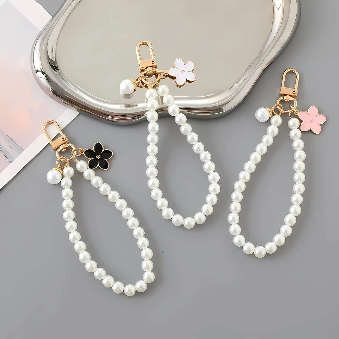 Elegant Flower Heart Bracelet Keychain Faux Pearl Chain Handbag Pendant Gift