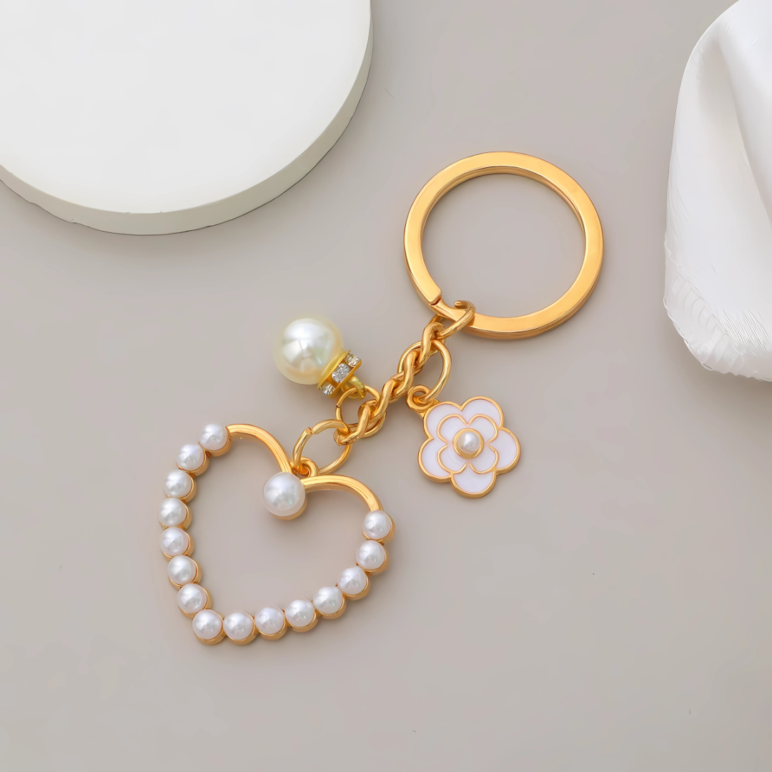 Elegant Flower Heart Bracelet Keychain Faux Pearl Chain Handbag Pendant Gift