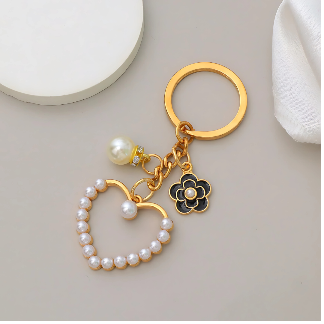 Elegant Flower Heart Bracelet Keychain Faux Pearl Chain Handbag Pendant Gift