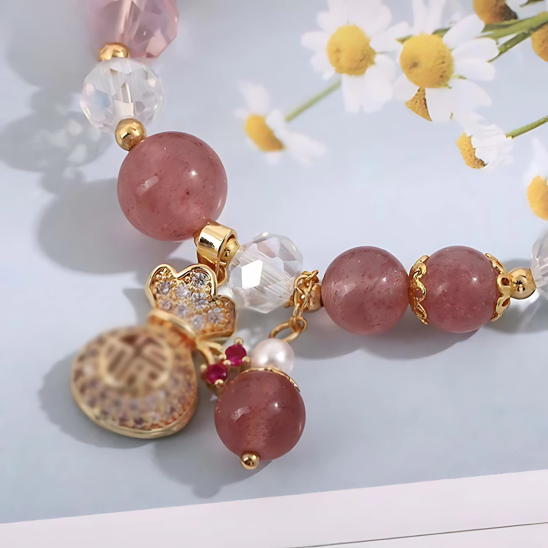 Crystal FU Money Bag Pendant Lucky Charm Beaded Bracelet for Women