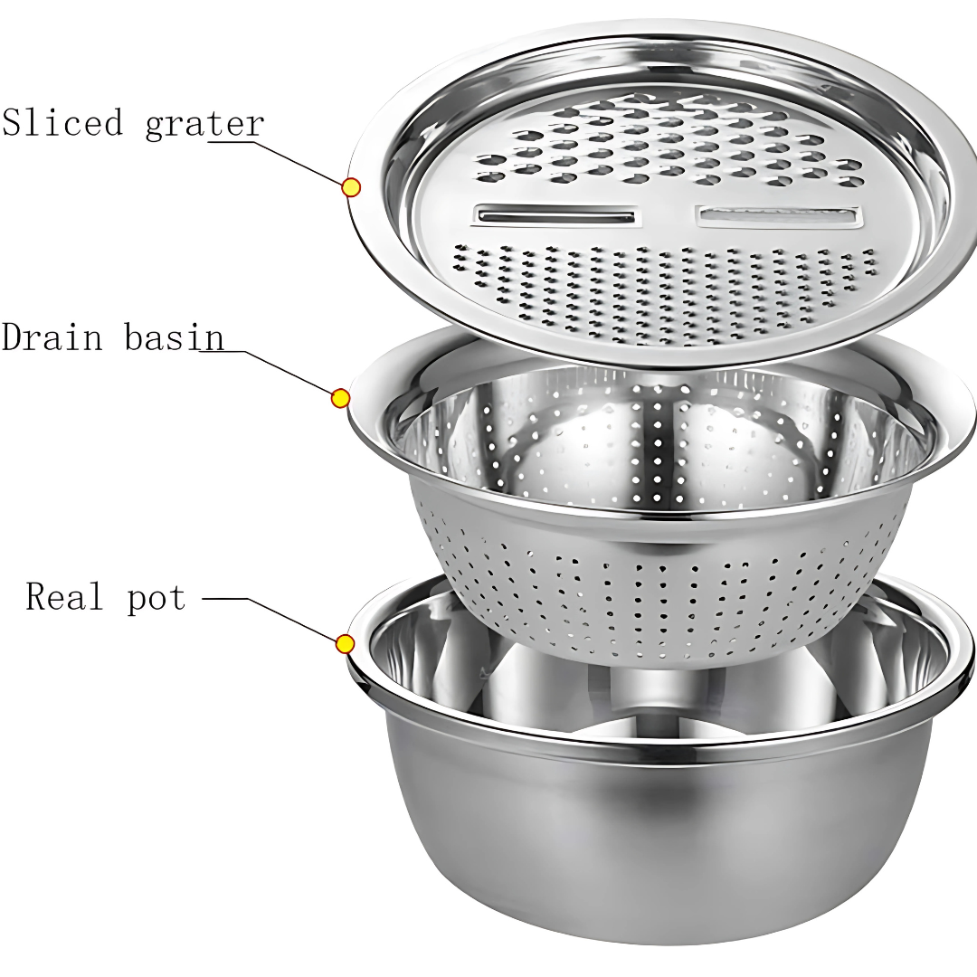 3-in-1 Stainless Steel Grater, Basin and Slicer