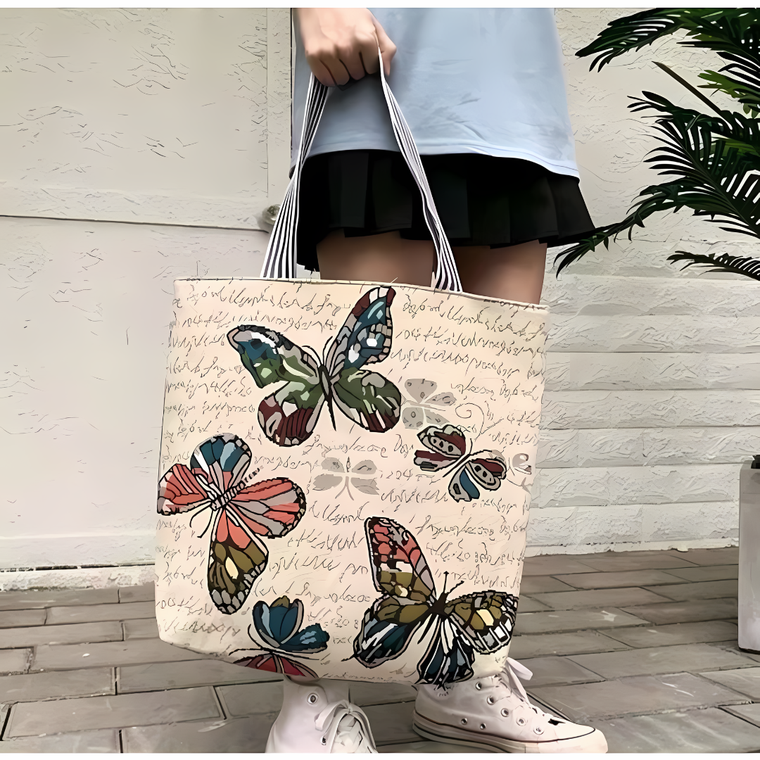 Charming Printed Canvas Tote Bag with Zipper Closure