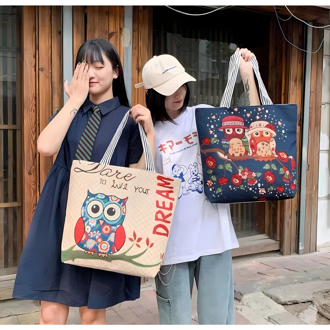 Charming Printed Canvas Tote Bag with Zipper Closure