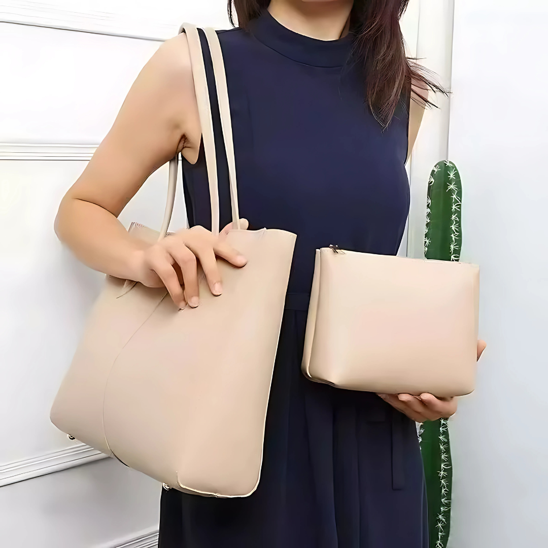 Korean Women’s Large Capacity Minimalist Leather Shoulder Tote Bag with Free Pouch
