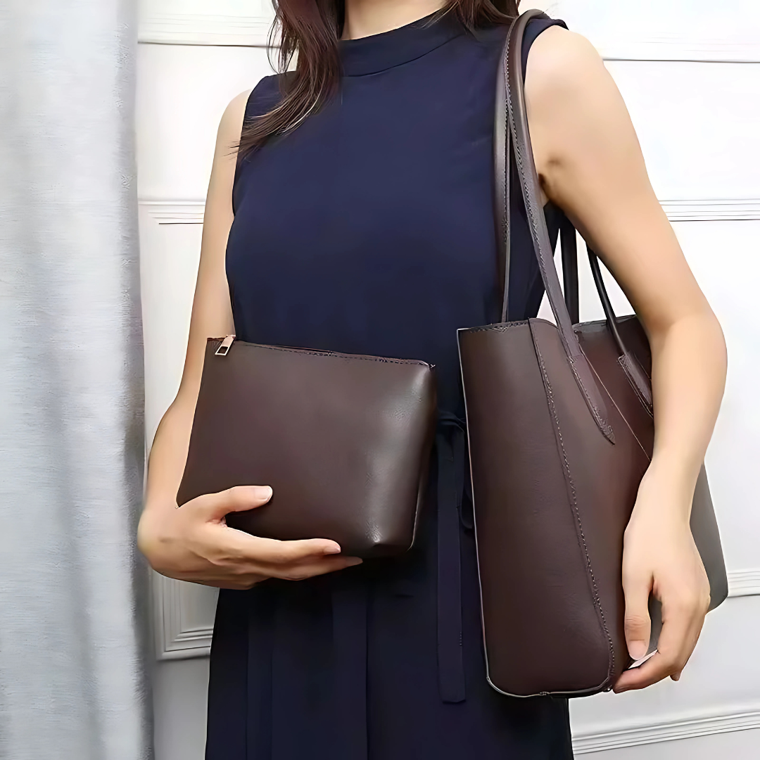 Korean Women’s Large Capacity Minimalist Leather Shoulder Tote Bag with Free Pouch