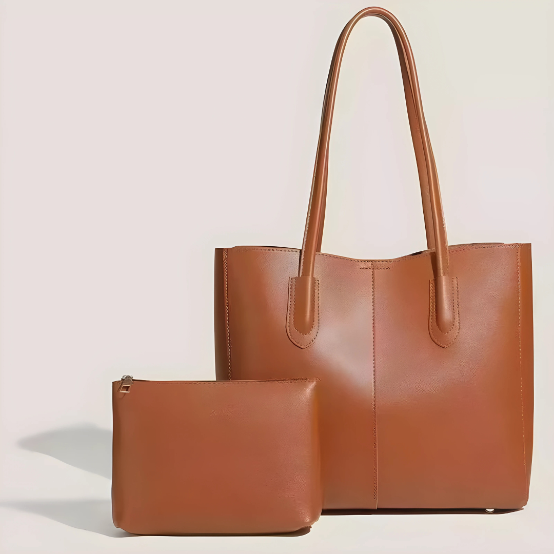 Korean Women’s Large Capacity Minimalist Leather Shoulder Tote Bag with Free Pouch