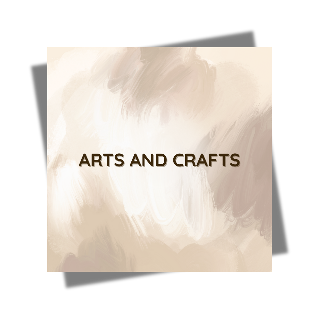 Abstract beige background with “Arts and Crafts” text overlay, highlighting creative tools, DIY kits, and craft organization essentials – Home Life Manila