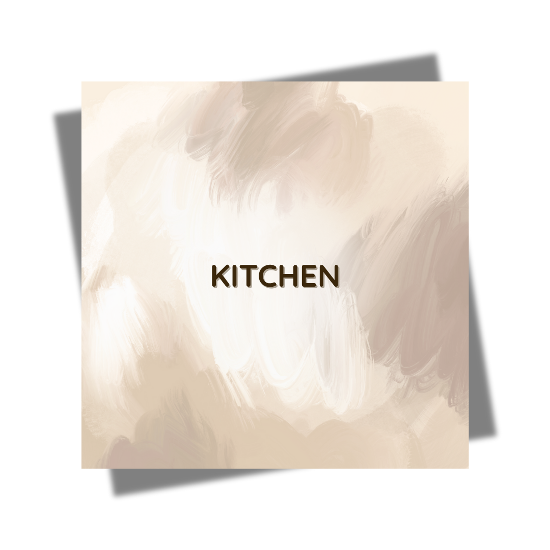 Neutral brushstroke background with bold “Kitchen” text overlay, representing curated kitchen organization and storage solutions – Home Life Manila
