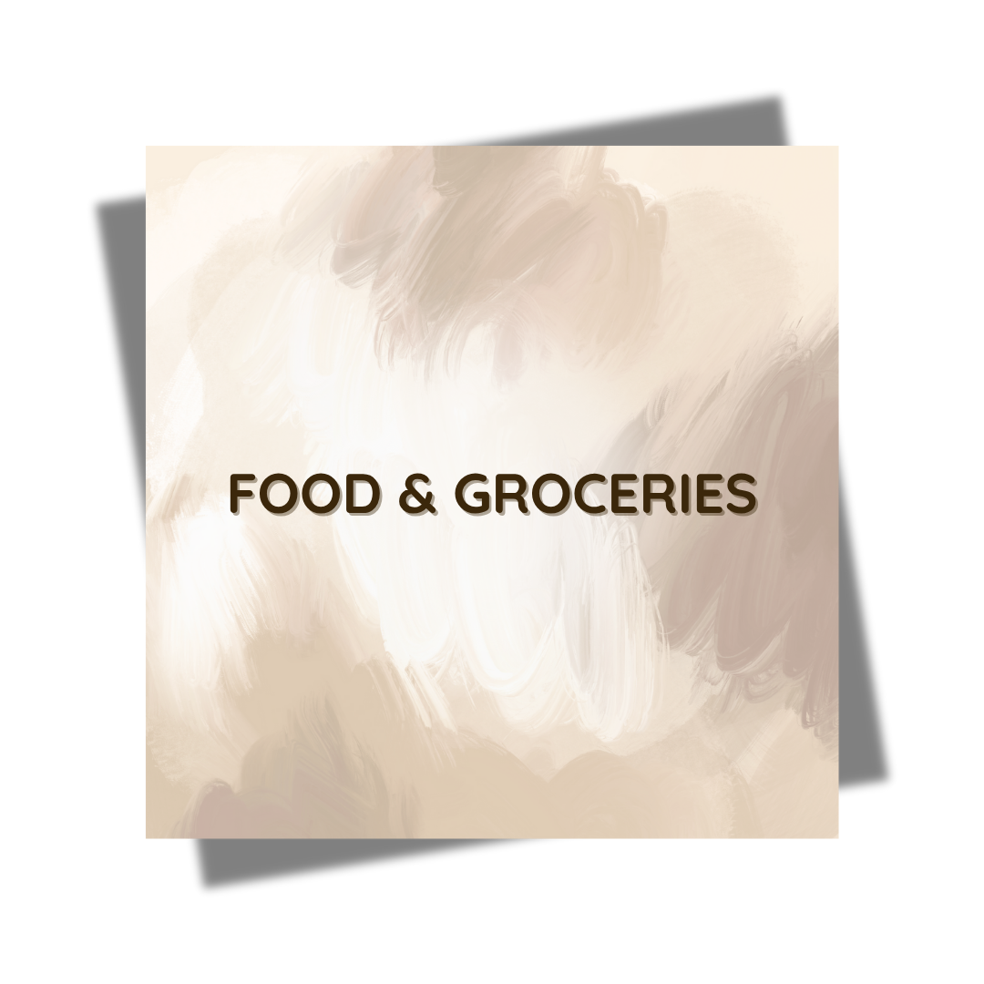 Neutral abstract background with “Food & Groceries” text overlay, representing curated pantry items, healthy snacks, and daily essentials – Home Life Manila