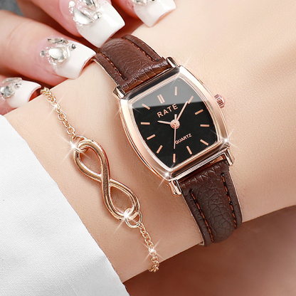 Women’s Tonneau Dial Watch Stylish Leather Strap Quartz Timepiece