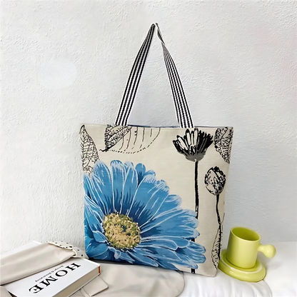 Charming Printed Canvas Tote Bag with Zipper Closure