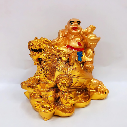 Feng Shui Laughing Buddha with Dragon Turtle & Coins – Wealth, Luck & Protection Figurine