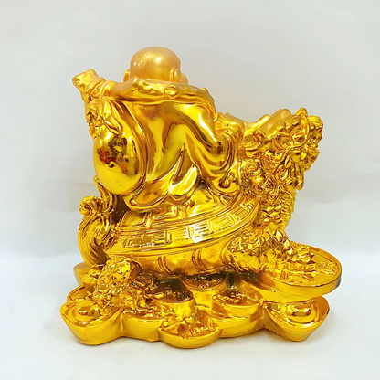 Feng Shui Laughing Buddha with Dragon Turtle & Coins – Wealth, Luck & Protection Figurine