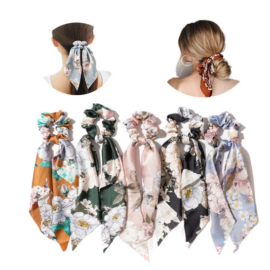 Ribbon Scrunchies for Hair Chiffon Floral Scarf Boho Ponytail Holder