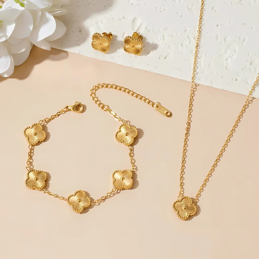 18K Gold Kelly Clover Jewelry Set – Necklace, Bracelet & Earrings for Women