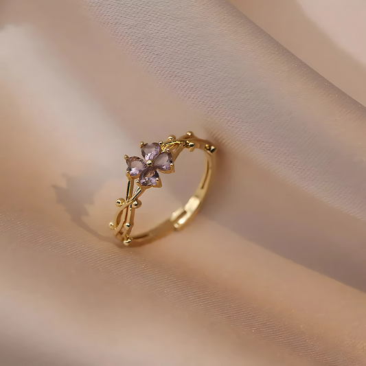 Purple Four-Leaf Clover Zircon Open Ring for Women