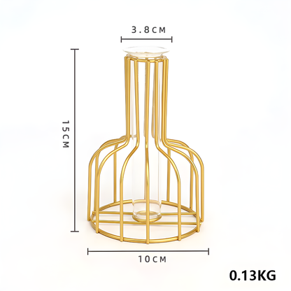 Nordic Golden Iron Vase with Glass Minimalist Hydroponic Flower Vase for Home & Office Decor