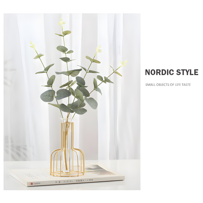 Nordic Golden Iron Vase with Glass Minimalist Hydroponic Flower Vase for Home & Office Decor