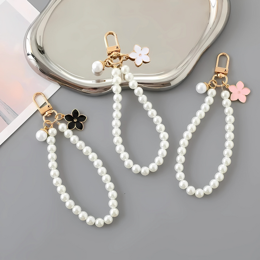 Elegant Flower Heart Bracelet Keychain Faux Pearl Chain Handbag Pendant Gift