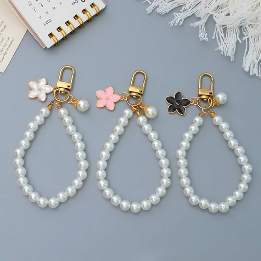 Elegant Flower Heart Bracelet Keychain Faux Pearl Chain Handbag Pendant Gift