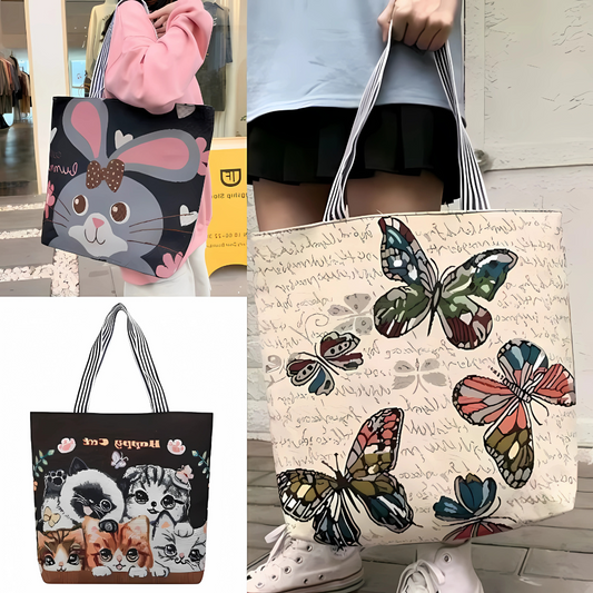 Charming Printed Canvas Tote Bag with Zipper Closure