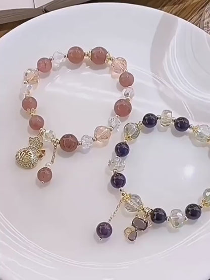 Crystal FU Money Bag Pendant Lucky Charm Beaded Bracelet for Women