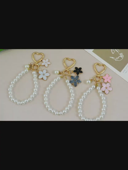 Elegant Flower Heart Bracelet Keychain Faux Pearl Chain Handbag Pendant Gift